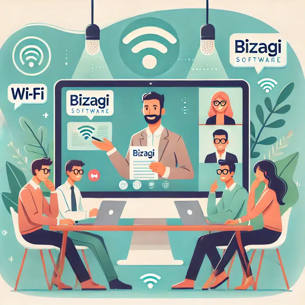 DALL·E 2025 03 16 16.56.33 A modern flat illustration of a virtual meeting about Bizagi software closely matching the provided reference image. A man on a large computer screen